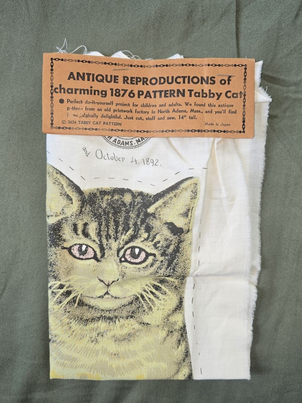 Antique Reproduction of Charming 1876 Pattern Tabby Cat Kit Pillow kitty feline